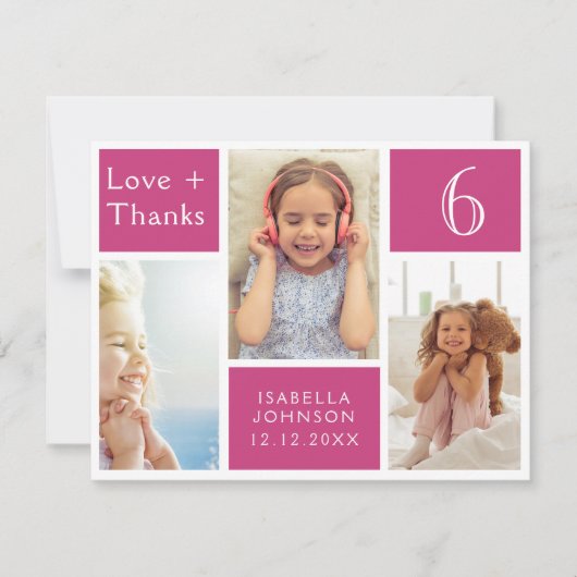 ピンクガーリーフォトコラージュ誕生日ラヴ感謝していィー サンキューカード (正面)