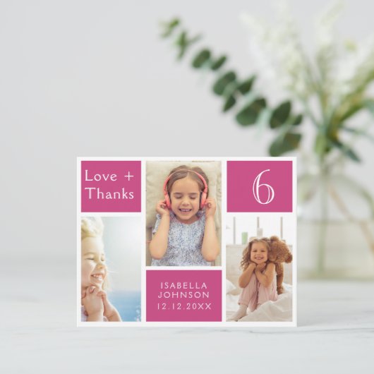 ピンクガーリーフォトコラージュ誕生日ラヴ感謝していィー サンキューカード (スタンド正面)