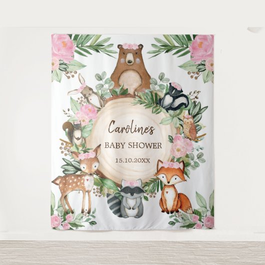 ピンクガーリーフローラウッドランドベビーシャワーの背景 タペストリー (正面)