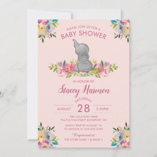 ピンクガーリーフローラゾウ赤ちゃんシャワー招待状 招待状 (正面)