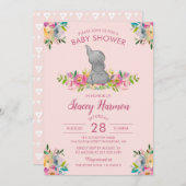 ピンクガーリーフローラゾウ赤ちゃんシャワー招待状 招待状 (正面/裏面)
