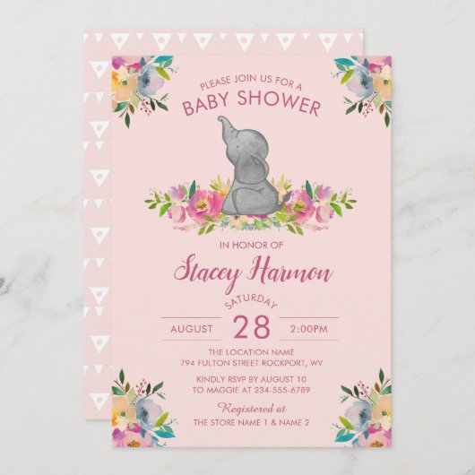 ピンクガーリーフローラゾウ赤ちゃんシャワー招待状 招待状 (正面/裏面)