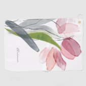 ピンクガーリーフローラチューリップ葉白色 ゴルフタオル (横)