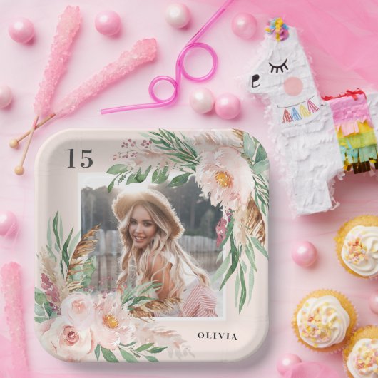 ピンクガーリーフローラフォトパエレガントパ ペーパープレート (パーティー)