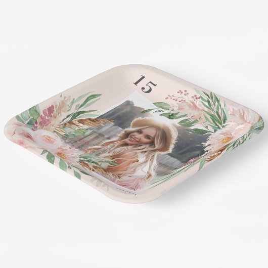 ピンクガーリーフローラフォトパエレガントパ ペーパープレート (傾斜あり)