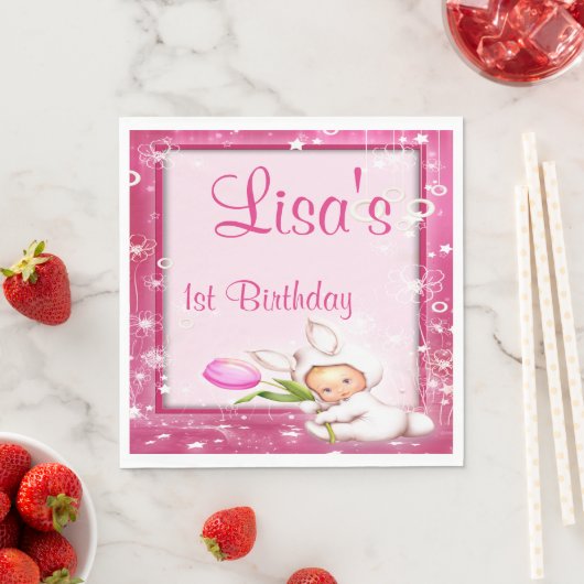 ピンクガーリーフローラベビーバニー1歳の誕生日 スタンダードランチョンナプキン (インサイチュ)