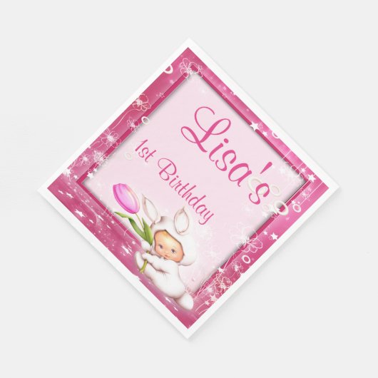 ピンクガーリーフローラベビーバニー1歳の誕生日 スタンダードランチョンナプキン (角)
