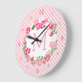 ピンクガーリーフローラリースモノグラパーソナライズされたム ラージ壁時計 (傾斜)
