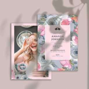 ピンクガーリーフローラ看護フォト（バック）卒業 招待状