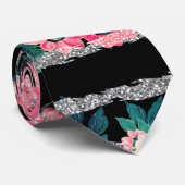 ピンクガーリーフローラ&シルバーグリッターブストライプラック ネクタイ (ロール)