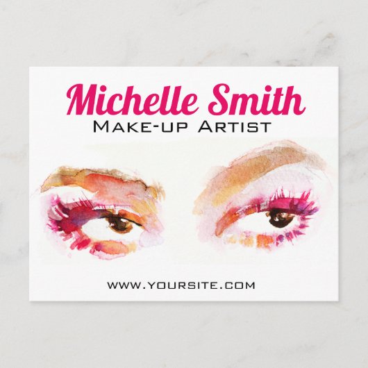 ピンクガーリーブラウンウォーターカラーアイメイクアップアーティスト ポストカード (正面)