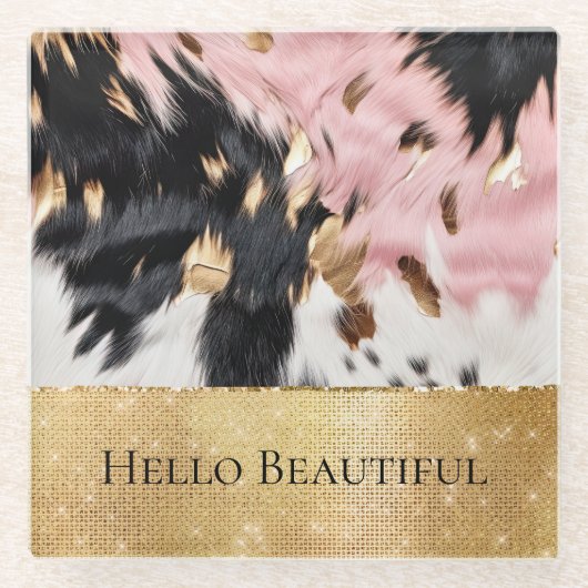 ピンクガーリーブラック金ゴールドスパークル女性のカーボーイ牛革 ガラスコースター (正面)