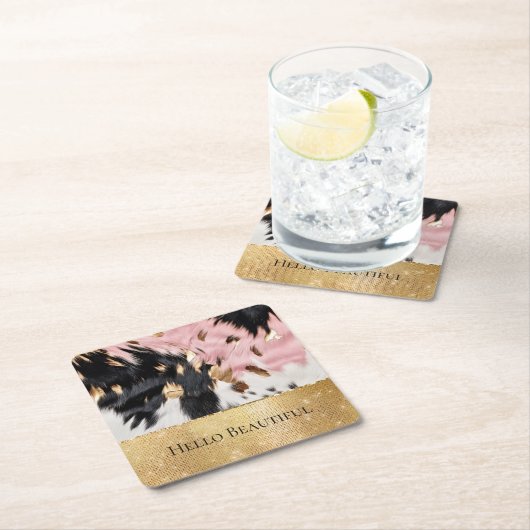 ピンクガーリーブラック金ゴールドスパークル女性のカーボーイ牛革 スクエアペーパーコースター (インサイチュ)