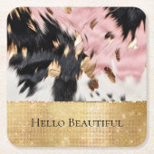 ピンクガーリーブラック金ゴールドスパークル女性のカーボーイ牛革 スクエアペーパーコースター (正面)