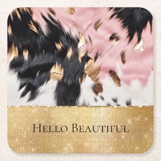 ピンクガーリーブラック金ゴールドスパークル女性のカーボーイ牛革 スクエアペーパーコースター (正面)