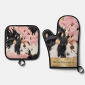 ピンクガーリーブラック金ゴールドスパークル女性のカーボーイ牛革 鍋つかみ&鍋敷きセット (正面)