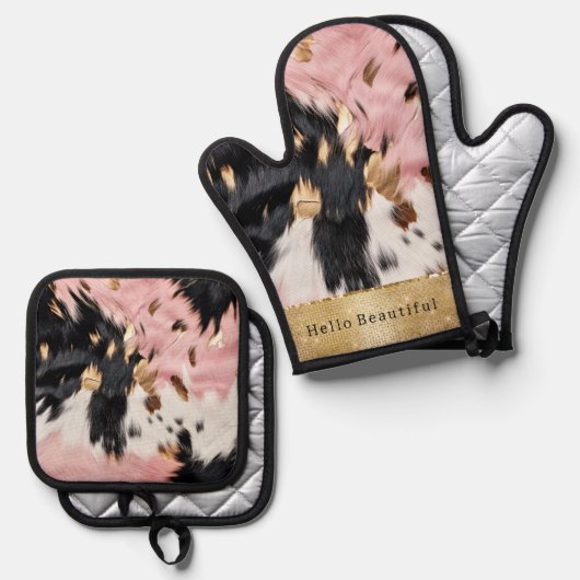 ピンクガーリーブラック金ゴールドスパークル女性のカーボーイ牛革 鍋つかみ&鍋敷きセット (正面/裏面)