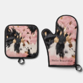 ピンクガーリーブラック金ゴールド女性のカーボーイ牛革 鍋つかみ&鍋敷きセット (正面)