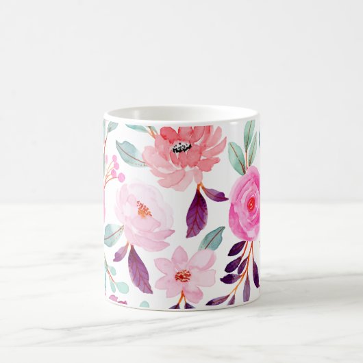 ピンクガーリープラム薄紫の花柄 コーヒーマグカップ (中央)