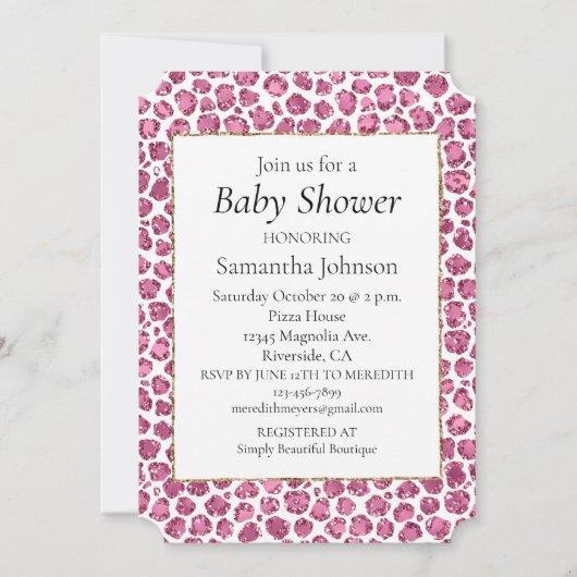 ピンクガーリーホワイトグラムグリッターヒョウ柄 招待状 (正面)
