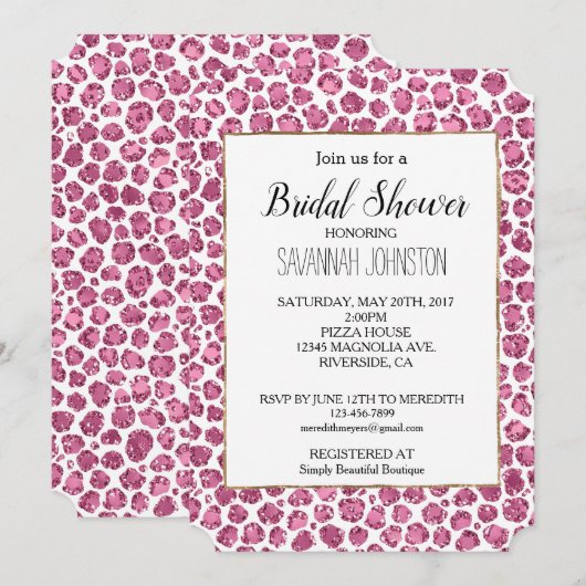 ピンクガーリーホワイトグラムグリッターヒョウ柄 招待状 (正面/裏面)