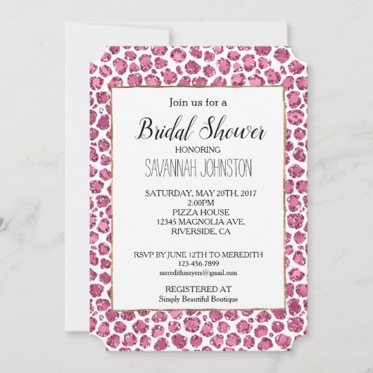 ピンクガーリーホワイトグラムグリッターヒョウ柄 招待状 (正面)