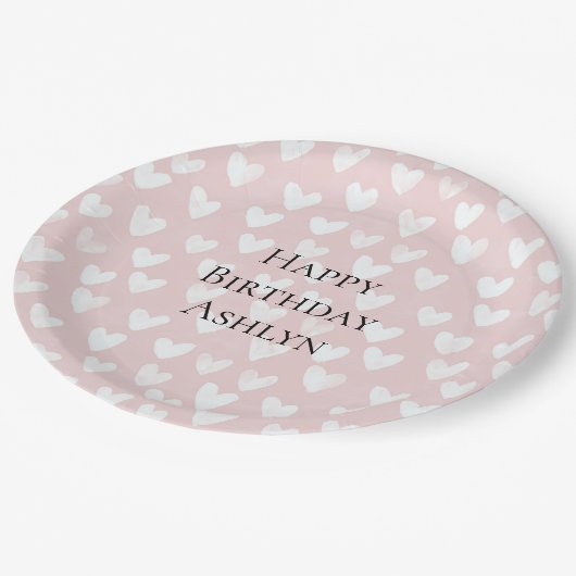 ピンクガーリーホワイトハート誕生日 ペーパープレート (アングル)