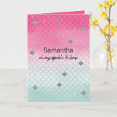 ピンクガーリーミントシルバーグリッター人魚 カード (黄色い花)