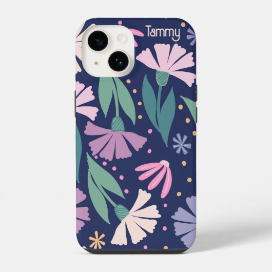 ピンクガーリーモダンの花iPhoneケースNavy blue iPhoneケース (裏面)