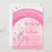ピンクガーリーユニコーンレインボーウォーター誕生日 招待状 (正面)
