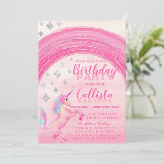 ピンクガーリーユニコーンレインボーウォーター誕生日 招待状 (スタンド正面)