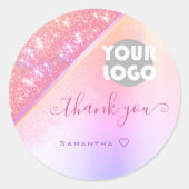 ピンクガーリーレインボーグラデーショングリッター雨ありがとう ラウンドシール (正面)