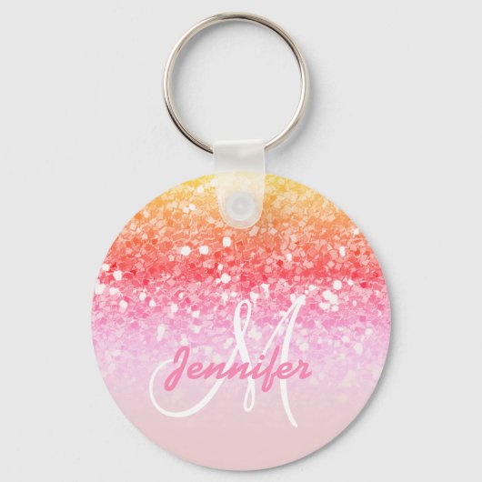 ピンクガーリーレインボーグリッタースパークルズモノグラム名 キーホルダー (正面)