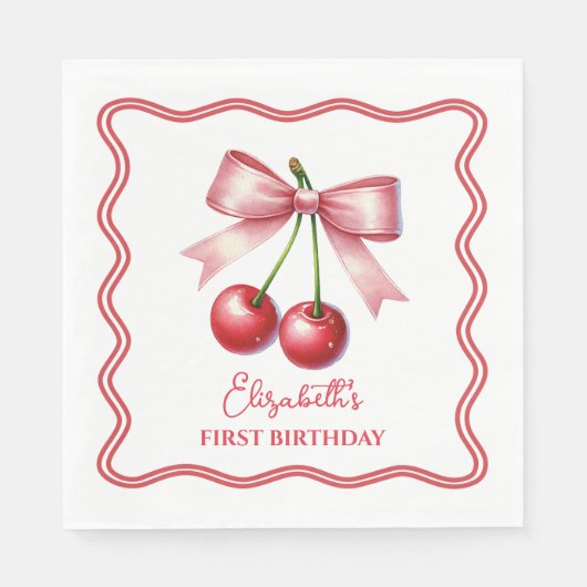 ピンクガーリーレッドコケットさくらんぼ第1誕生日 スタンダードランチョンナプキン (正面)