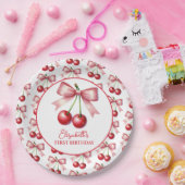 ピンクガーリーレッドコケットさくらんぼ第1誕生日 ペーパープレート (パーティー)