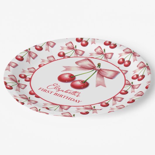 ピンクガーリーレッドコケットさくらんぼ第1誕生日 ペーパープレート (アングル)