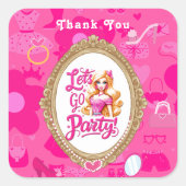 ピンクガーリーレトロドールレッツゴーデーパーティー誕生日 スクエアシール (正面)