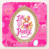 ピンクガーリーレトロドールレッツゴーデーパーティー誕生日 スクエアペーパーコースター (正面)