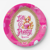 ピンクガーリーレトロドールレッツゴーデーパーティー誕生日 ペーパープレート (正面)