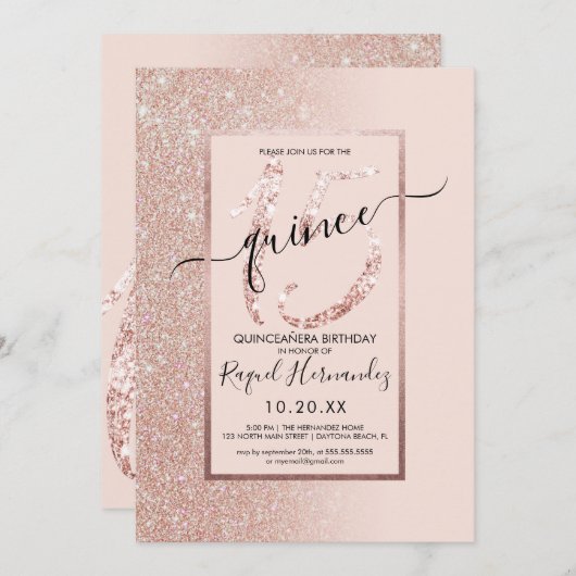 ピンクガーリーローズ金ゴールドグリッターグラデーションキンセアニェラ 招待状 (正面/裏面)