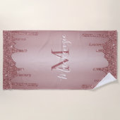 ピンクガーリーローズ金ゴールドグリッタースパークルドリップ ビーチタオル (正面)