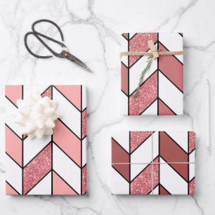 ピンクガーリーローズ金ゴールドグリッターヘリンボーンシェブロン ラッピングペーパーシート
