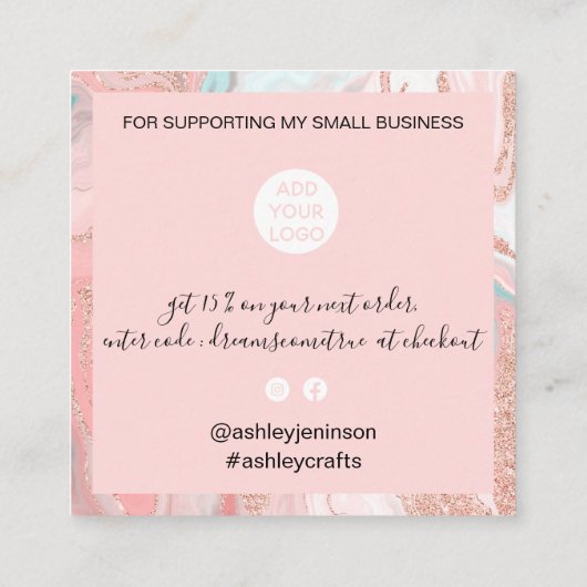 ピンクガーリーローズ金ゴールドグリッター大理石シッ感謝していクユー スクエア名刺 (裏面)