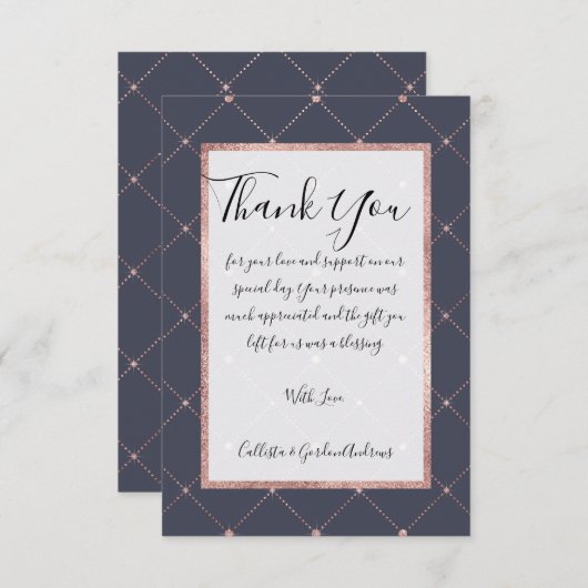 ピンクガーリーローズ金ゴールドダイヤモンドネイビーブルージオメトリック サンキューカード (正面/裏面)