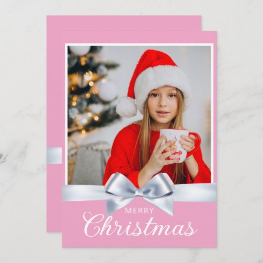 ピンクガーリーワンフォトメリークリスマスグリーティング シーズンカード (正面/裏面)