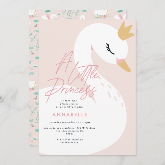 ピンクガーリー写真の美しエレガントい白鳥の子どもたち 招待状 (正面/裏面)