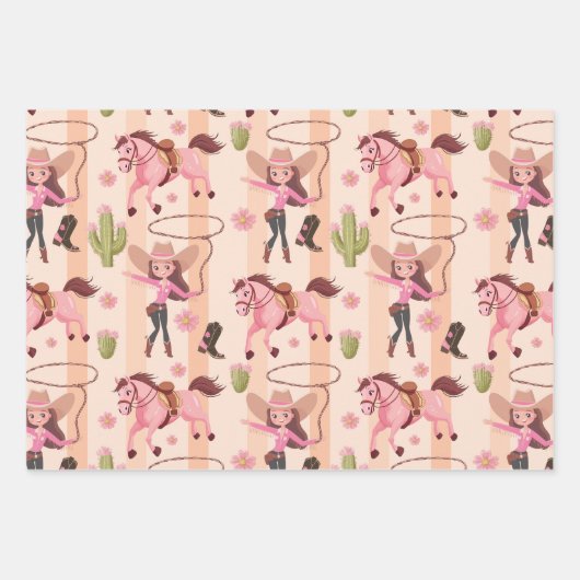 ピンクガーリー女性のカーボーイホースロデオウェスタンデザイン ラッピングペーパーシート (正面2)