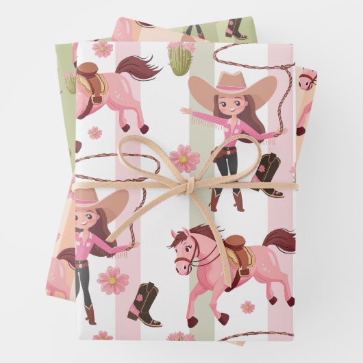 ピンクガーリー女性のカーボーイホースロデオウェスタンデザイン ラッピングペーパーシート (インサイチュ)