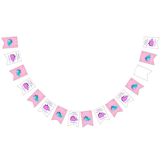 ピンクガーリー恐竜の誕生日パーティーの装飾 バンティングフラッグ (全)