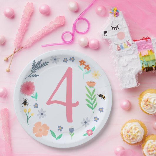 ピンクガーリー春フローラビー子供の誕生日 ペーパープレート (パーティー)